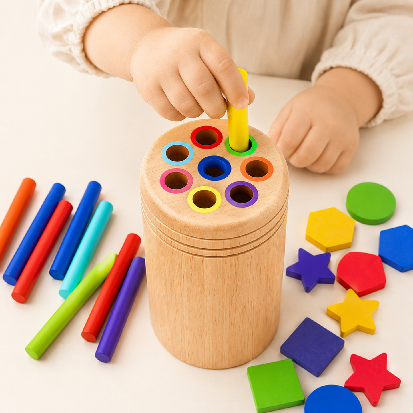 Criança encaixando peças coloridas no brinquedo Montessori de formas e cores em madeira
