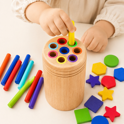 Criança encaixando peças coloridas no brinquedo Montessori de formas e cores em madeira