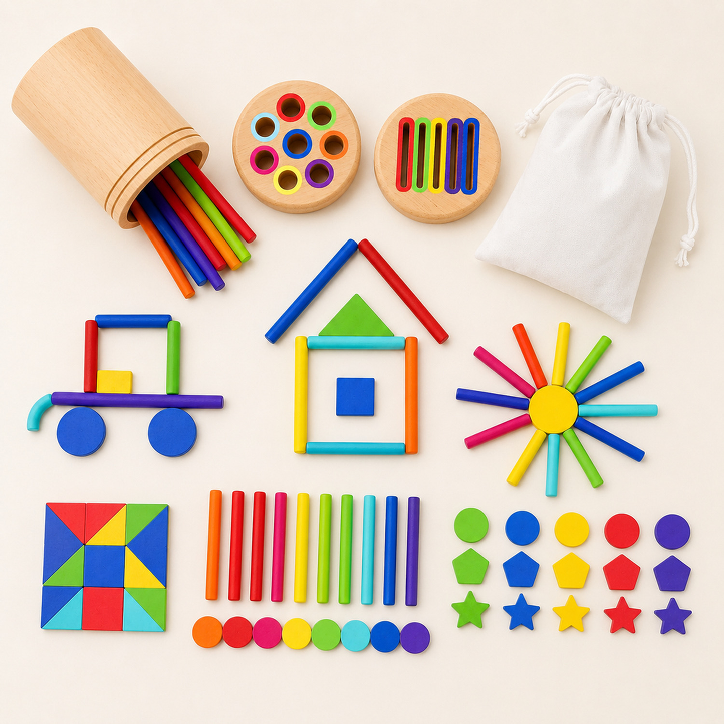 Kit Montessori de encaixe formas e cores em madeira com cilindro, varetas e peças coloridas