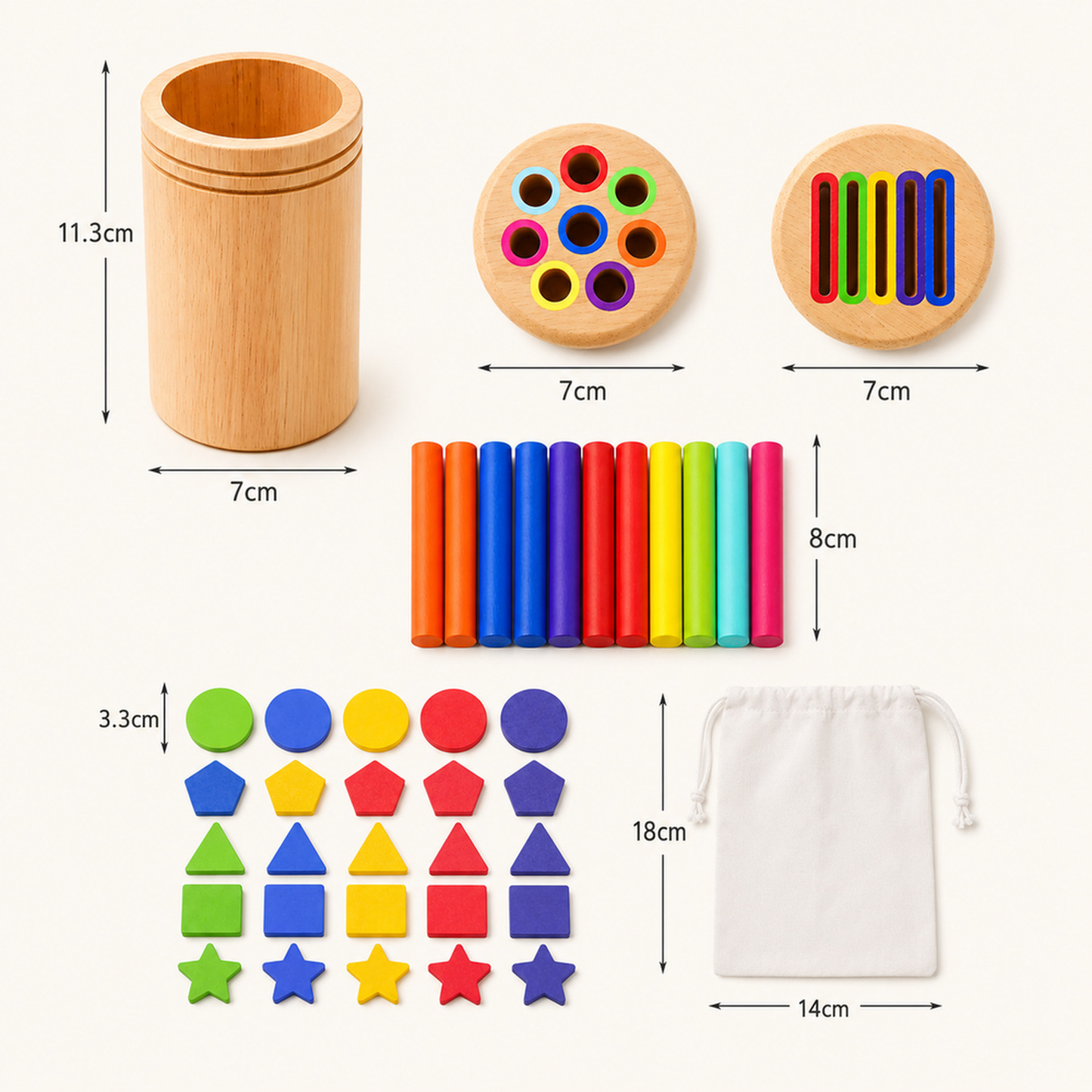 Medidas e componentes do brinquedo Montessori de encaixe formas e cores em madeira