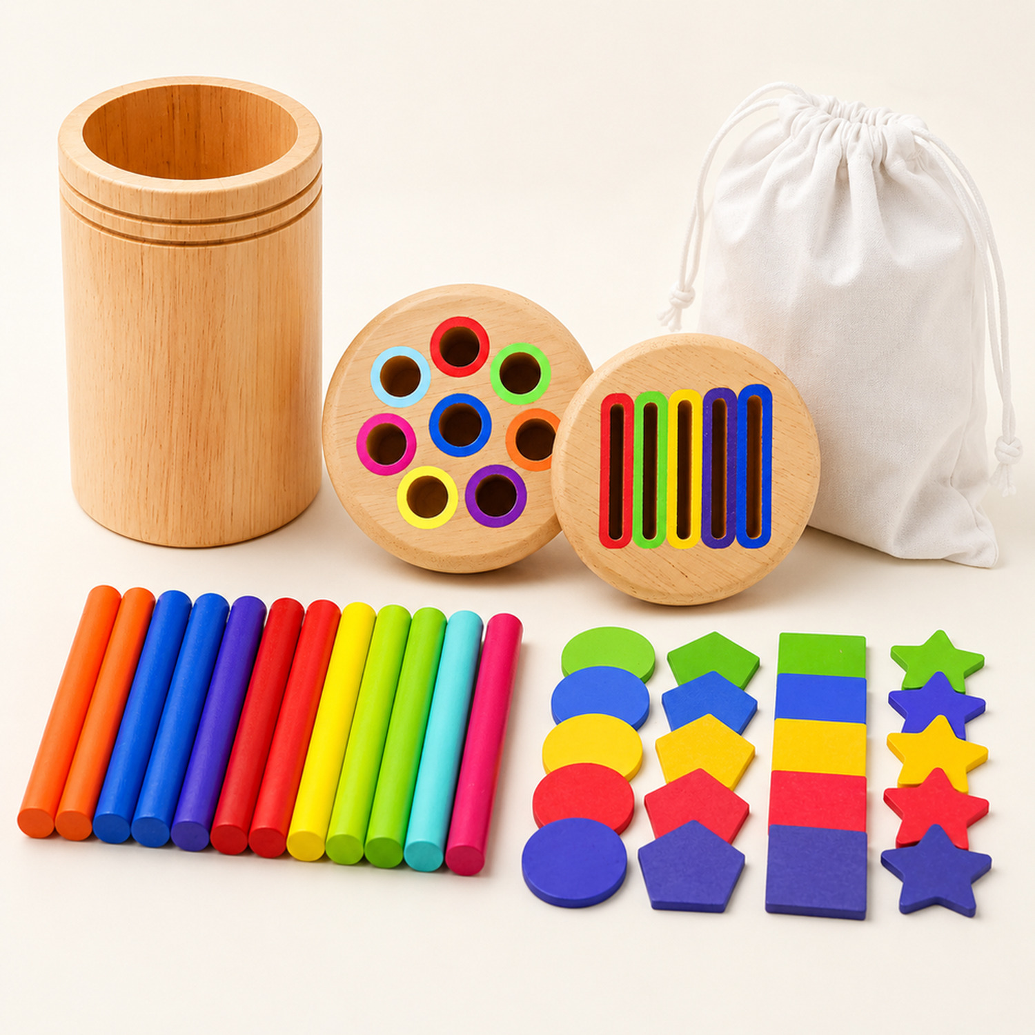 Brinquedo Montessori de encaixe formas e cores em madeira com peças, varetas e bolsa