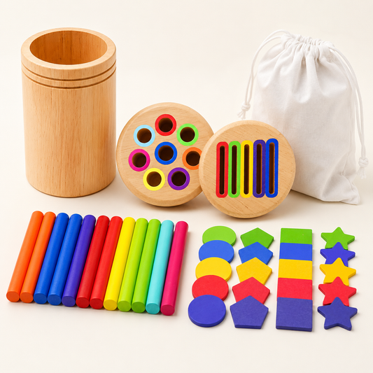 Brinquedo Montessori de encaixe formas e cores em madeira com peças, varetas e bolsa
