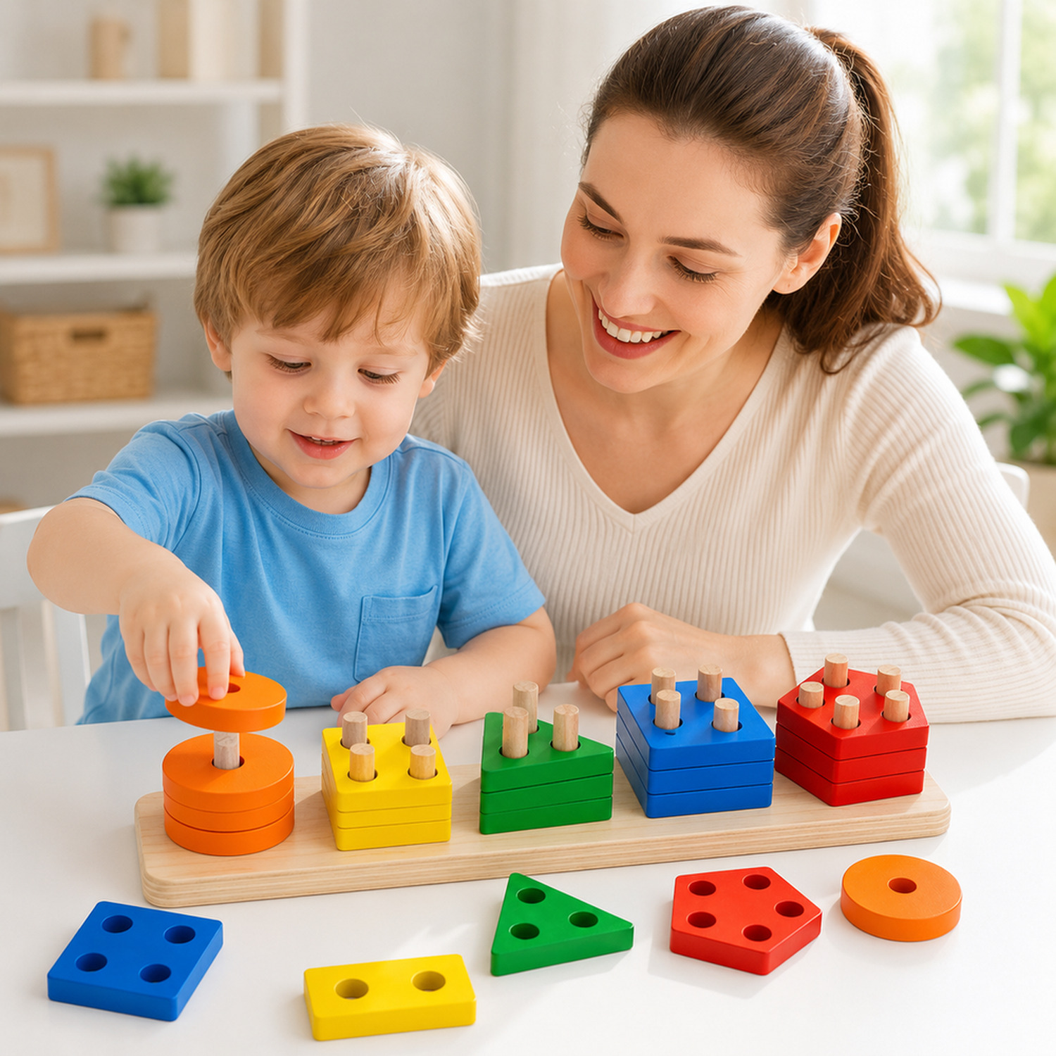Mãe e filho brincando com jogo de encaixe de formas geométricas em madeira