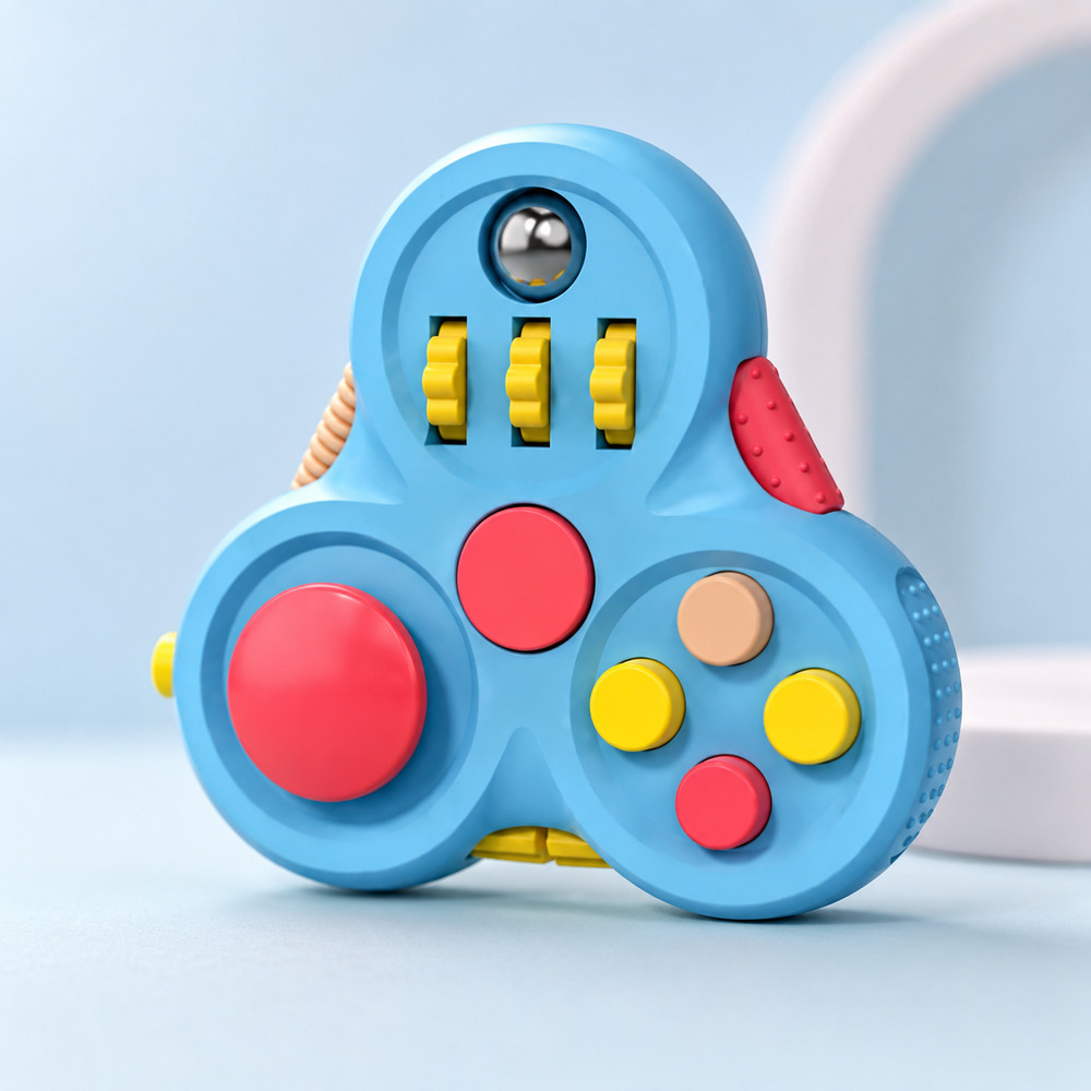 Fidget spinner infantil colorido sobre fundo pastel