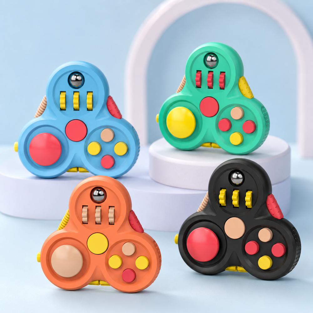 Fidget spinner infantil colorido em composição de estúdio pastel