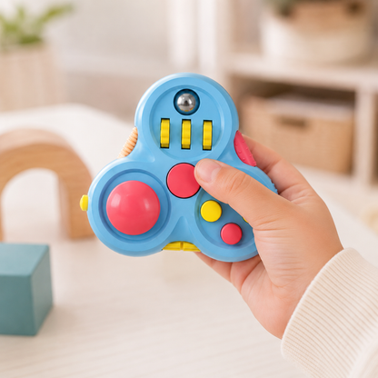 Fidget spinner infantil colorido em ambiente de brincadeira