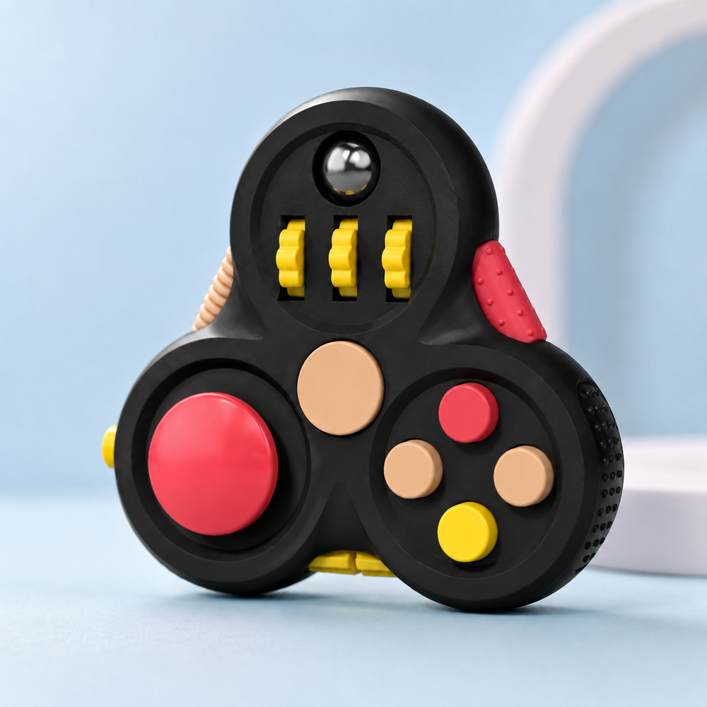 Fidget spinner infantil preto com detalhes coloridos