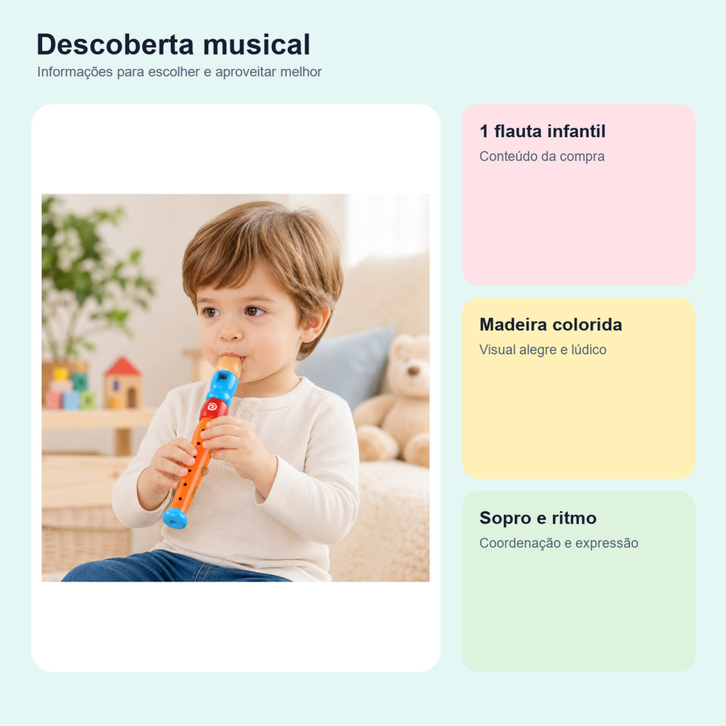 Medidas, conteúdo e benefícios de flauta infantil de madeira colorida para comparar antes da compra