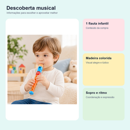 Medidas, conteúdo e benefícios de flauta infantil de madeira colorida para comparar antes da compra