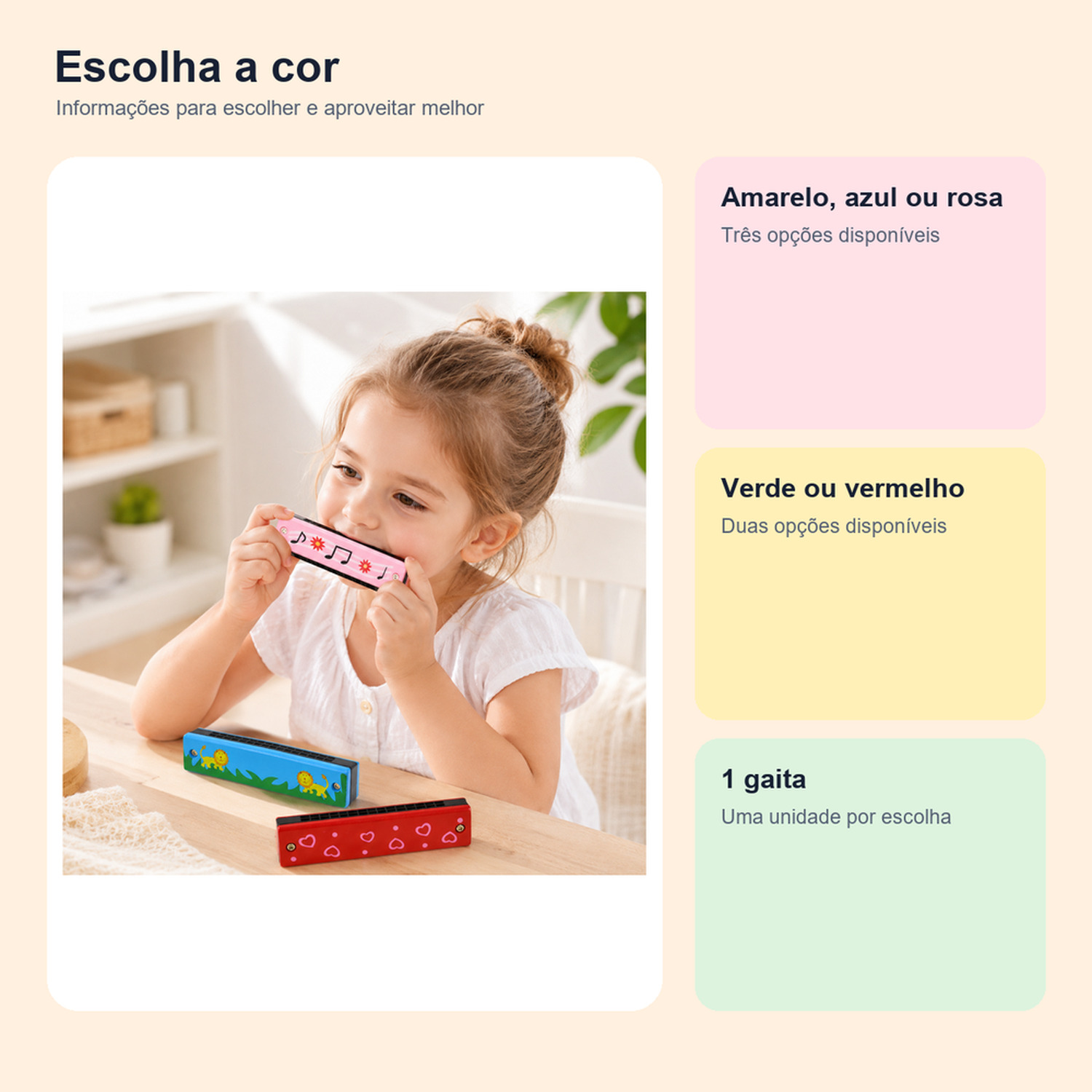 Medidas, conteúdo e benefícios de gaita infantil de madeira colorida para comparar antes da compra