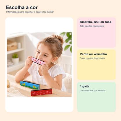 Medidas, conteúdo e benefícios de gaita infantil de madeira colorida para comparar antes da compra