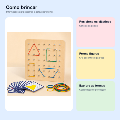 Medidas, conteúdo e benefícios de geoplano Montessori de madeira para comparar antes da compra