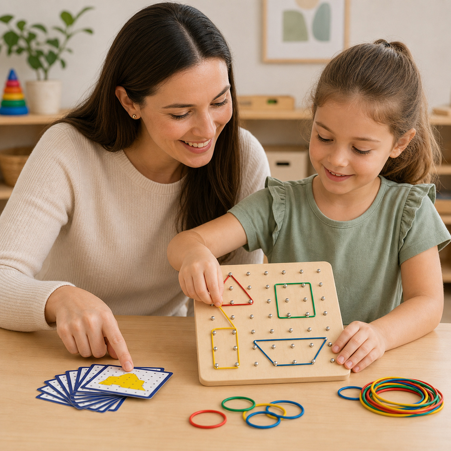 Mãe e criança criando formas juntas no geoplano Montessori de madeira