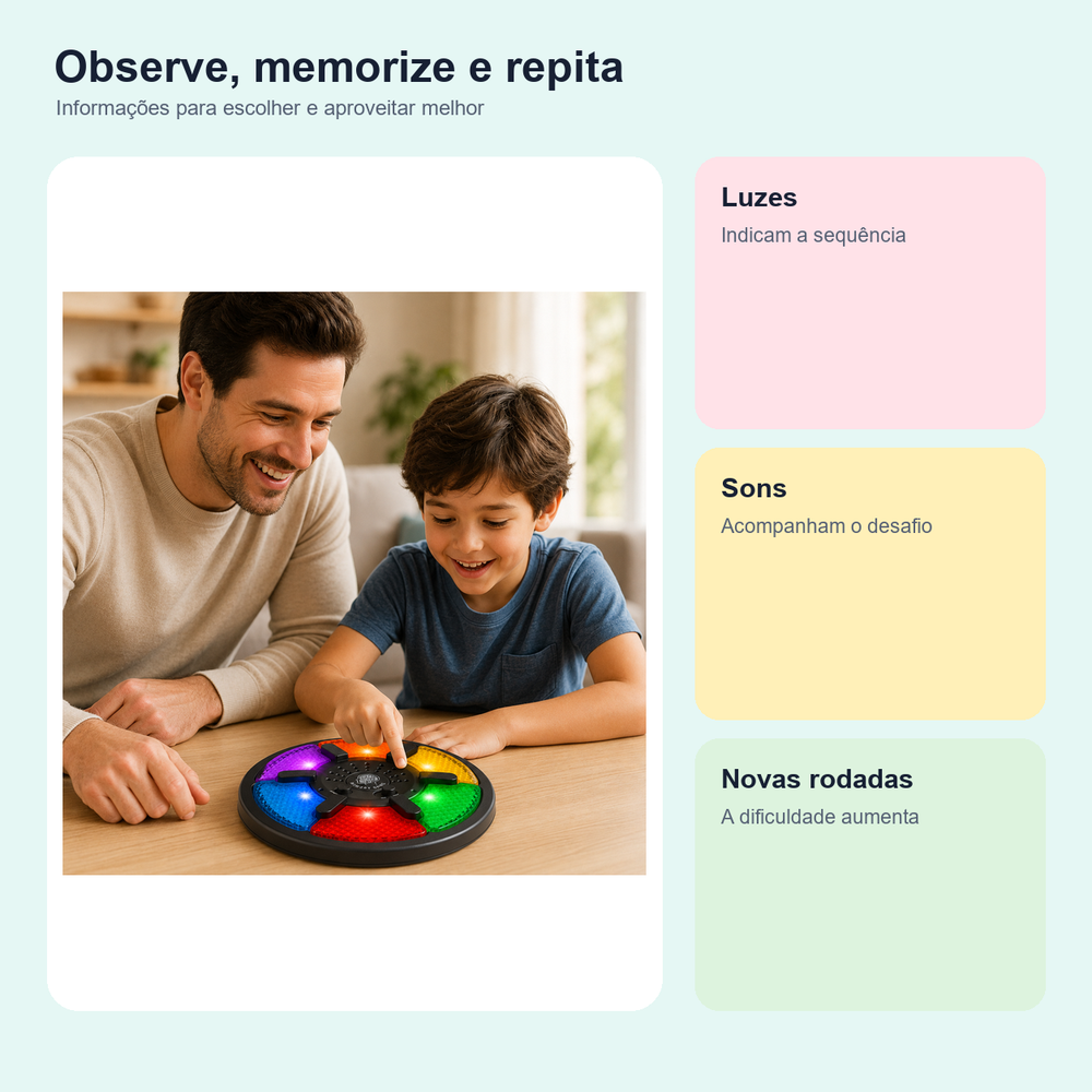 Medidas, conteúdo e benefícios de jogo da memória eletrônico infantil para comparar antes da compra