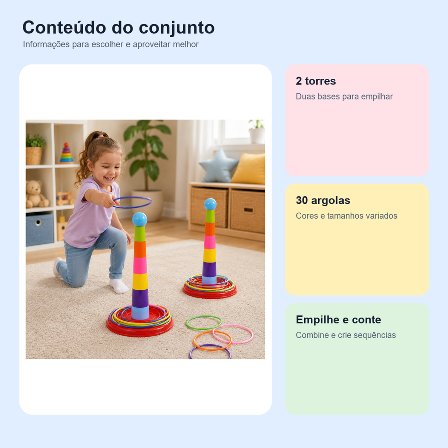 Medidas, conteúdo e benefícios de jogo de argolas de empilhar infantil para comparar antes da compra
