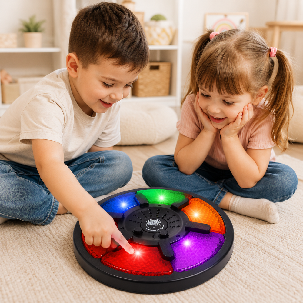 Jogo da memória eletrônico infantil com luzes coloridas em uso por crianças