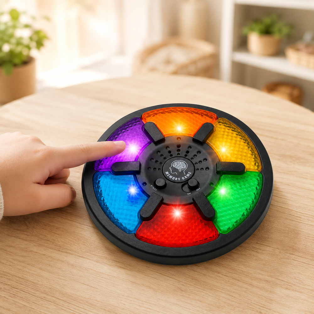 Jogo da memória eletrônico infantil colorido sobre mesa de madeira