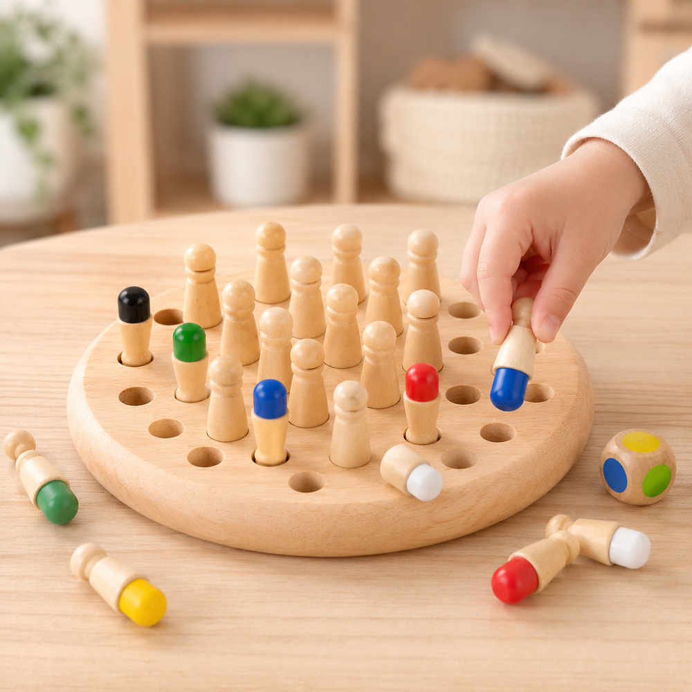 Criança brincando com jogo da memória Montessori de madeira com pinos coloridos