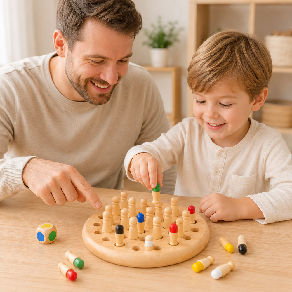Pai e filho brincando com jogo da memória Montessori de madeira