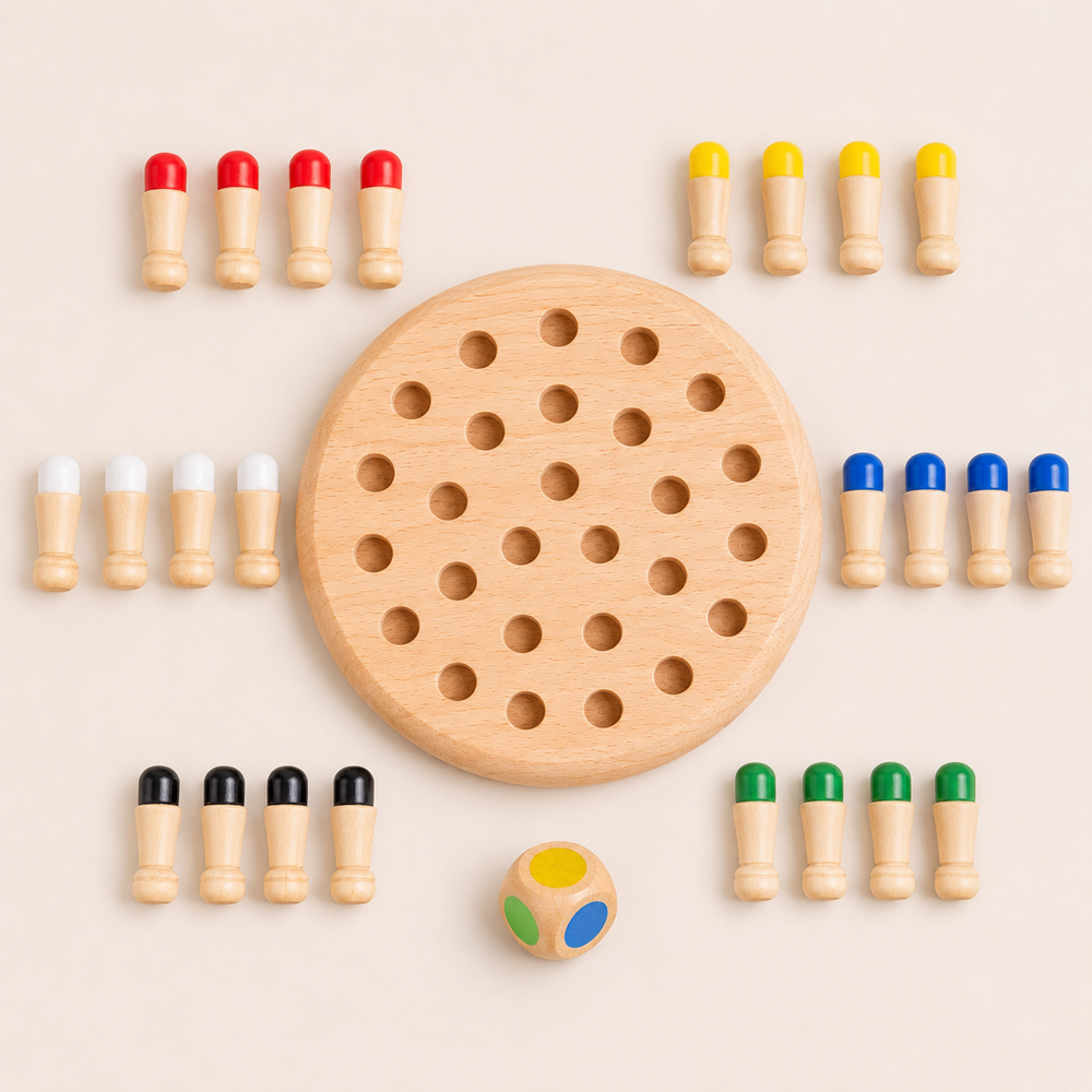Jogo da memória Montessori de madeira com tabuleiro redondo, pinos e dado colorido