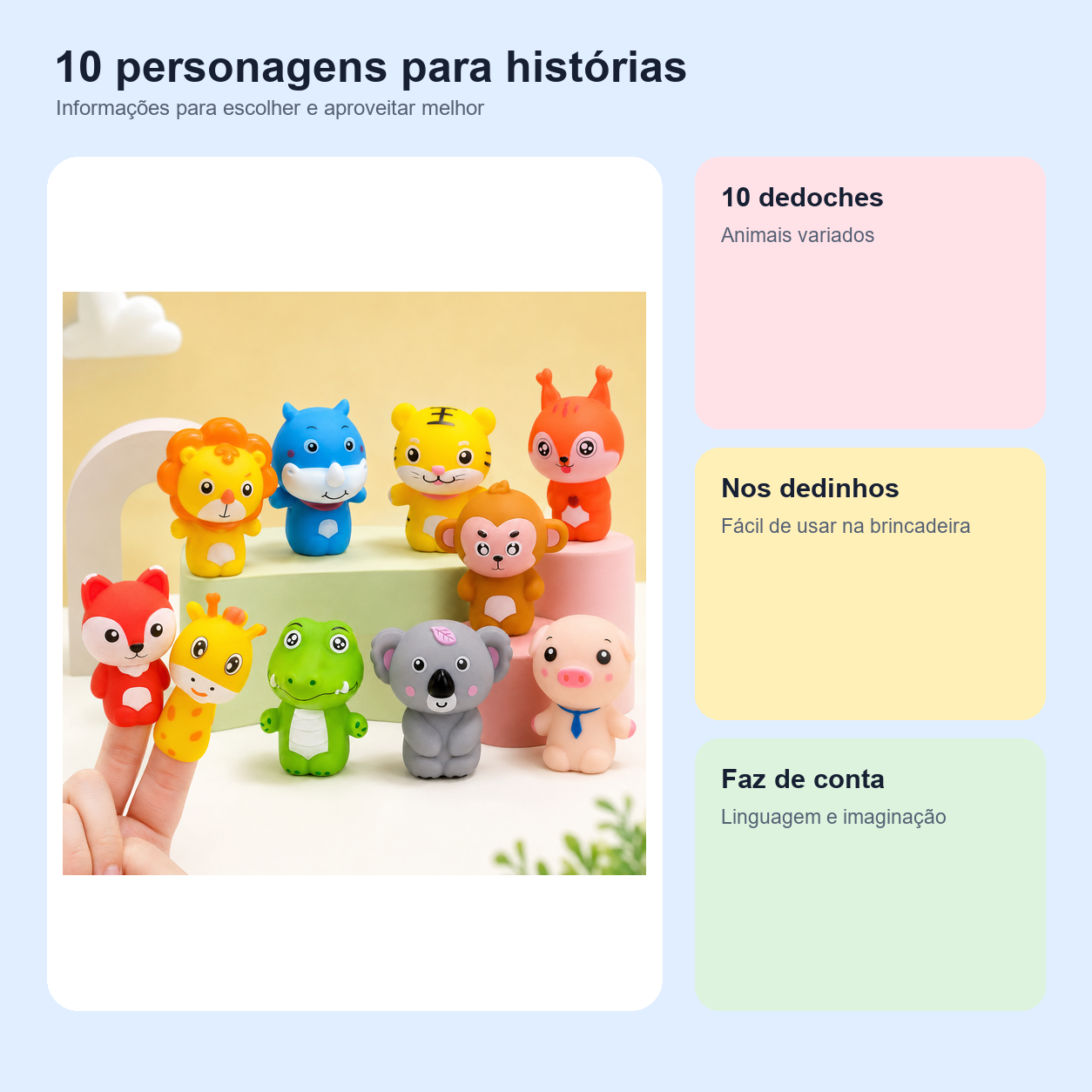 Imagem informativa sobre o produto: Kit 10 Dedoches de Animais Infantil Brinquedo Educativo Faz de Conta