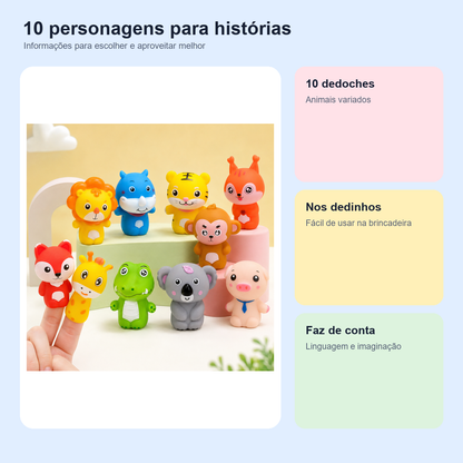 Imagem informativa sobre o produto: Kit 10 Dedoches de Animais Infantil Brinquedo Educativo Faz de Conta