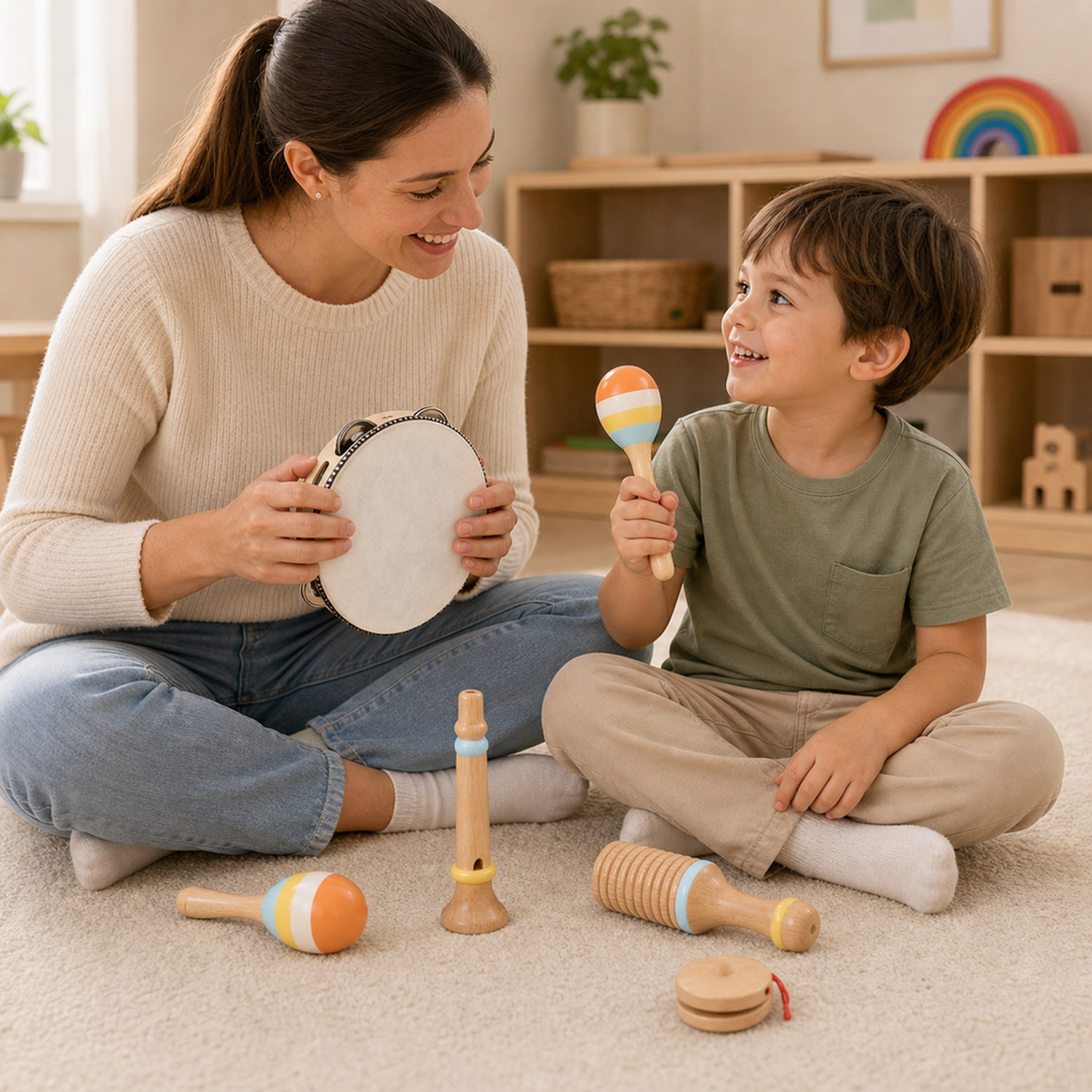 Mãe e criança tocando juntas o kit infantil com seis instrumentos musicais de madeira