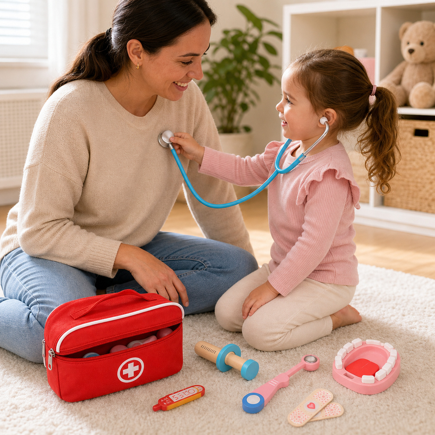 Criança brincando de médica e examinando a mãe com o kit médico infantil
