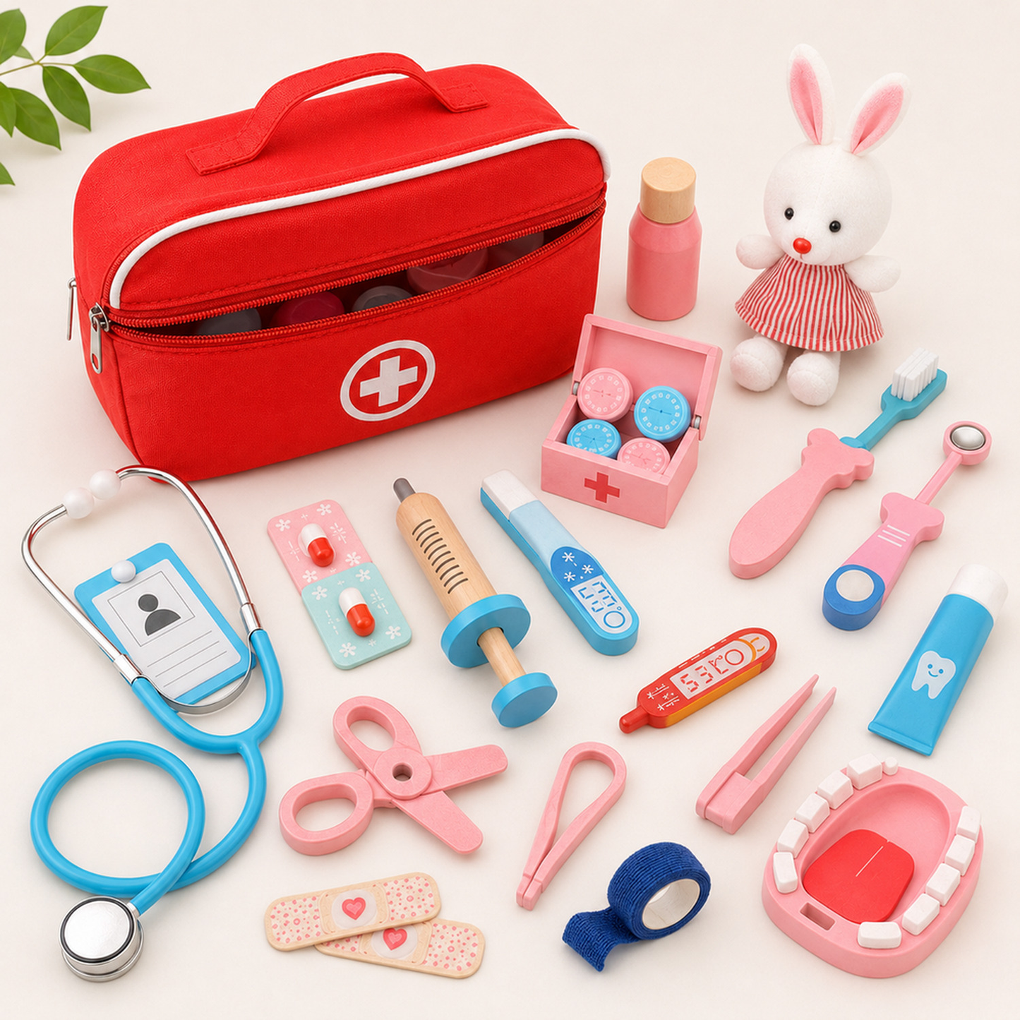 Acessórios do kit médico infantil organizados em flat lay