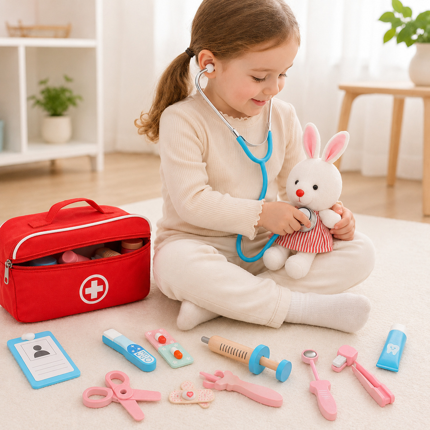 Criança brincando de médico com kit médico infantil e coelho de pelúcia