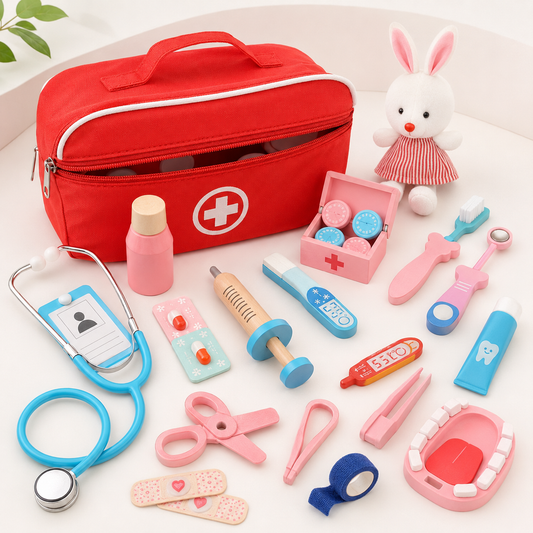 Kit médico infantil com coelho de pelúcia e acessórios de faz de conta