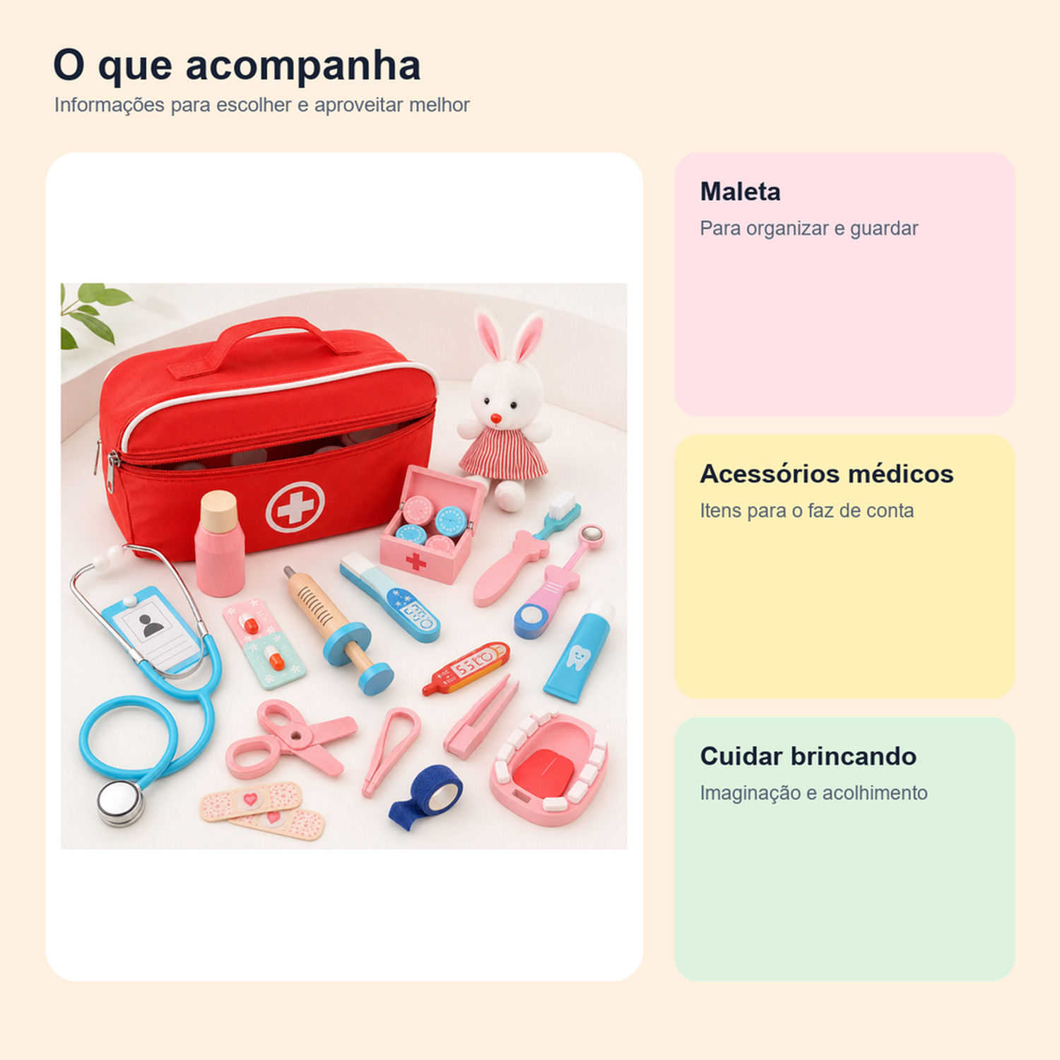 Medidas, conteúdo e benefícios de kit médico infantil com maleta e acessórios para comparar antes da compra