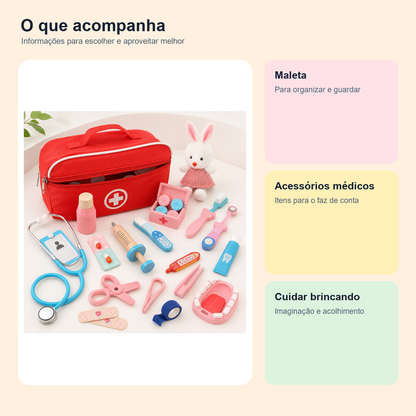 Medidas, conteúdo e benefícios de kit médico infantil com maleta e acessórios para comparar antes da compra