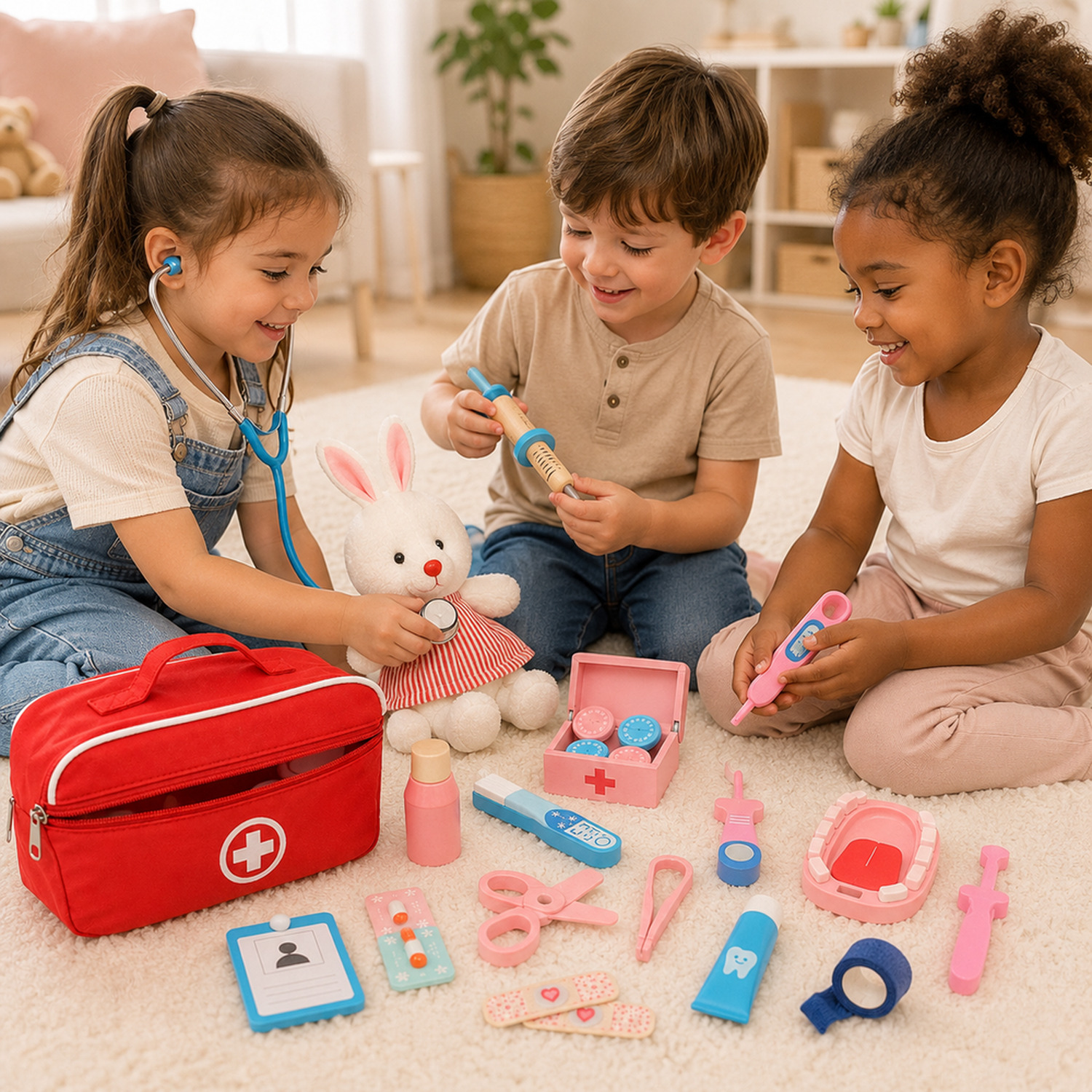 Kit médico infantil em brincadeira de consulta com coelho de pelúcia