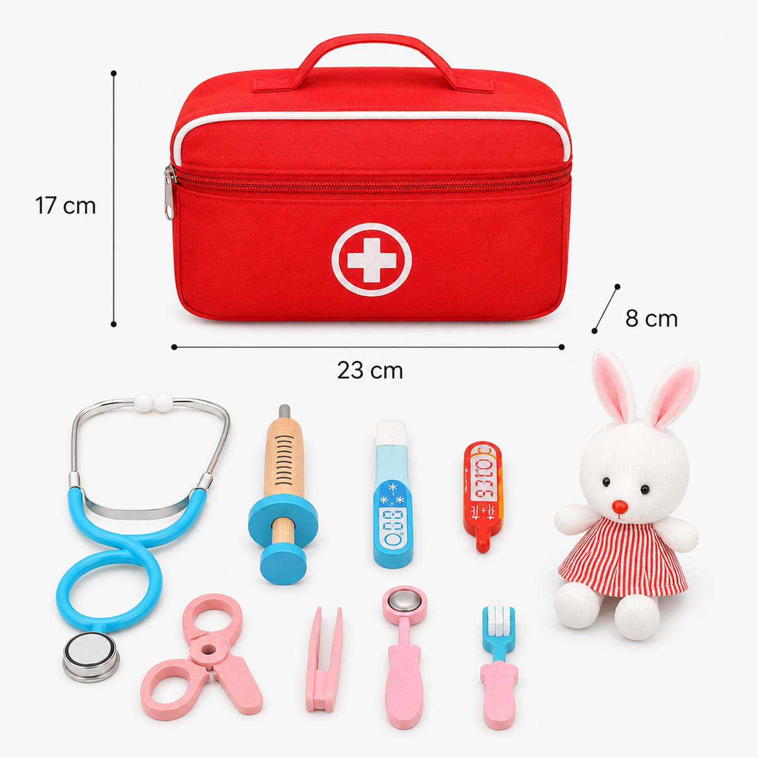 Maleta do kit médico infantil com acessórios expostos