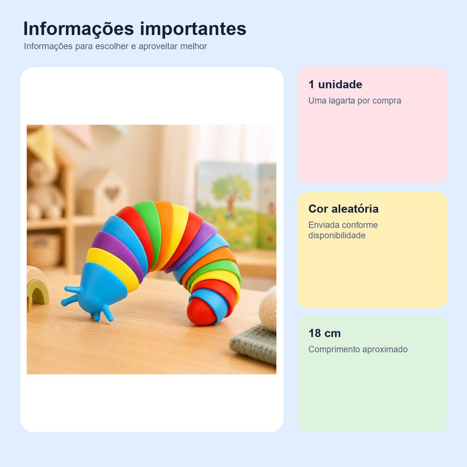 Medidas, conteúdo e benefícios de lagarta articulada colorida sensorial para comparar antes da compra