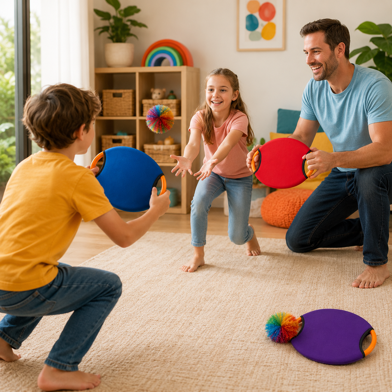 Família brincando com brinquedo de lançar e pegar bola em ambiente aconchegante