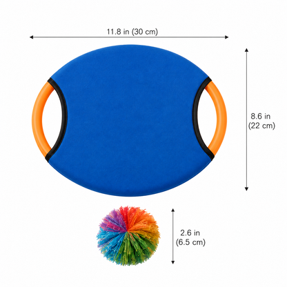 Medidas do brinquedo sensorial de lançar e pegar bola com paddle e bolinha colorida