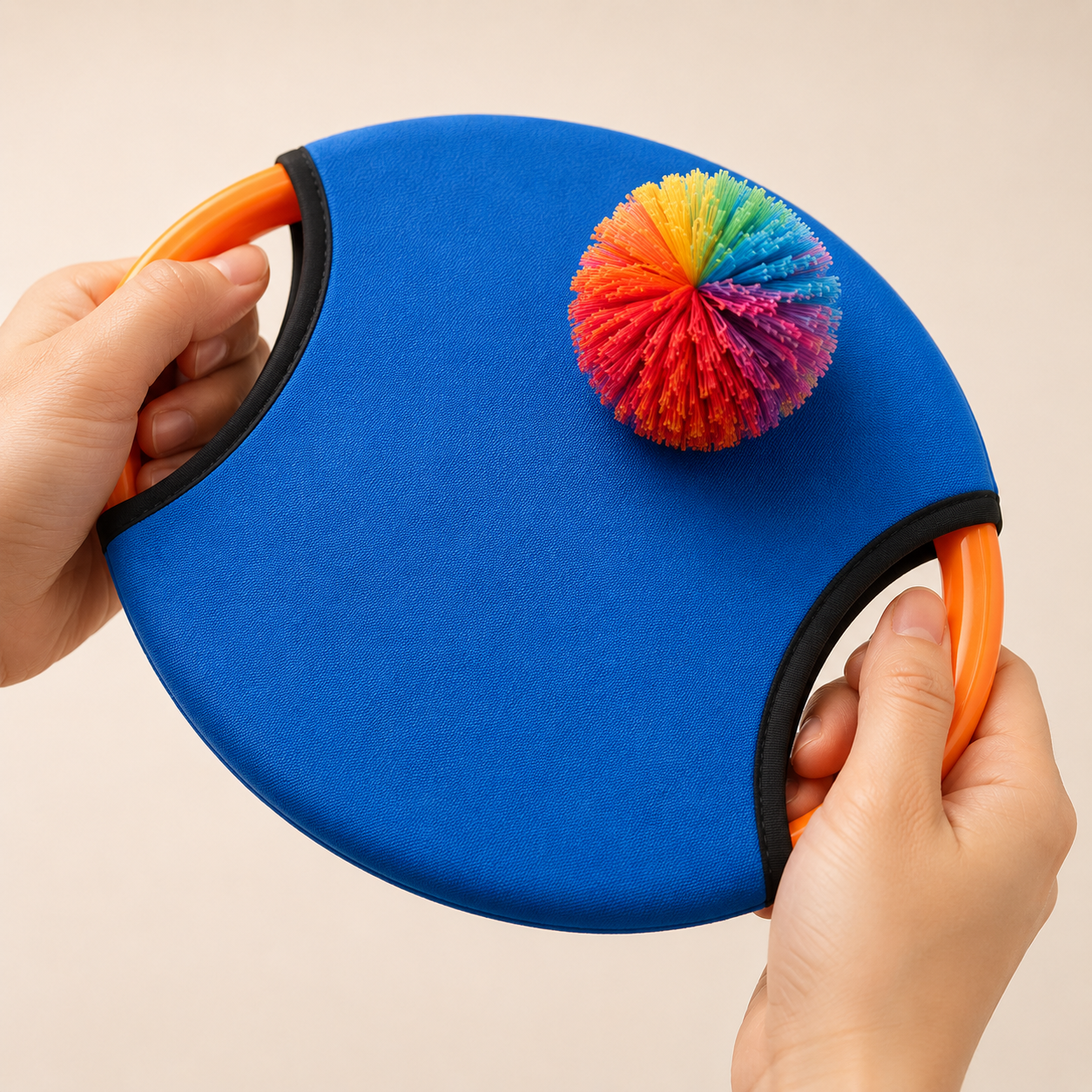 Brinquedo sensorial de lançar e pegar bola com paddle azul e pompons