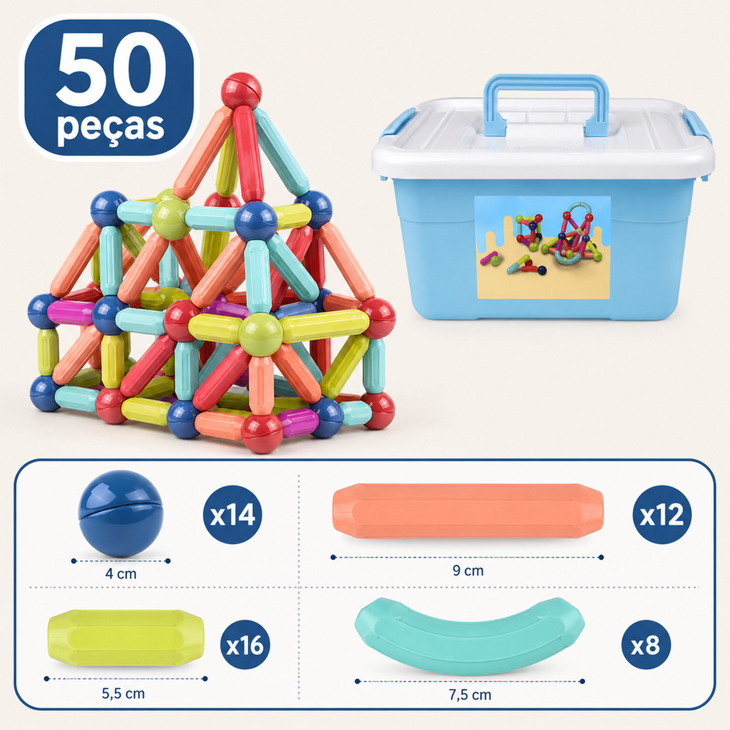 Infográfico do brinquedo magnético de montar 50 peças com caixa de armazenamento