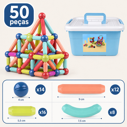 Infográfico do brinquedo magnético de montar 50 peças com caixa de armazenamento