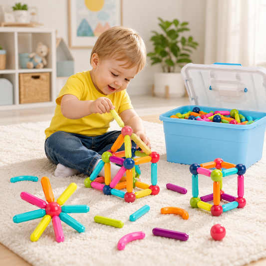 Criança pequena brincando com brinquedo magnético de montar colorido