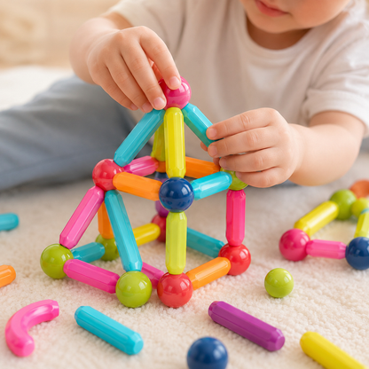Criança construindo com brinquedo magnético de barras e esferas coloridas