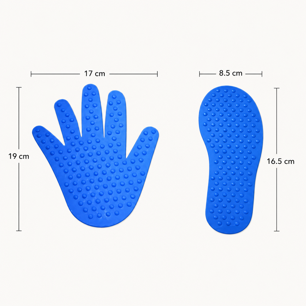 Peças sensoriais táteis em formato de mão e pé na cor azul