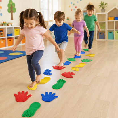 Crianças brincando em caminho sensorial com mãos e pés coloridos