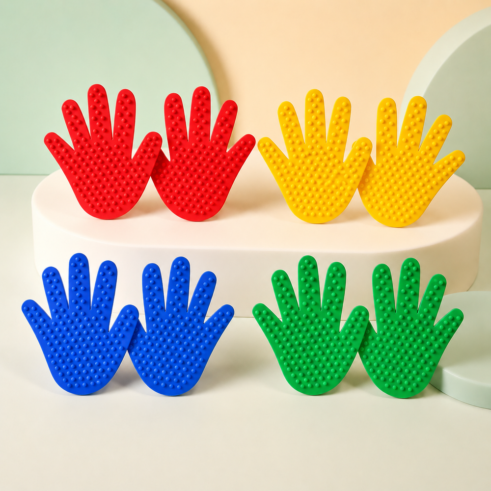 Peças sensoriais coloridas em formato de mãos para brincadeira infantil