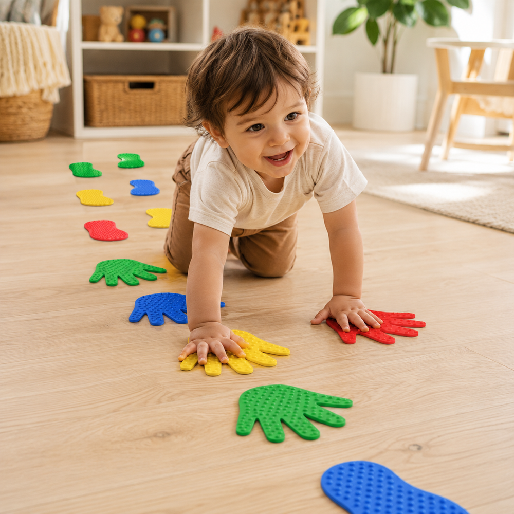 Caminho tátil colorido com mãos e pés sensoriais em sala infantil