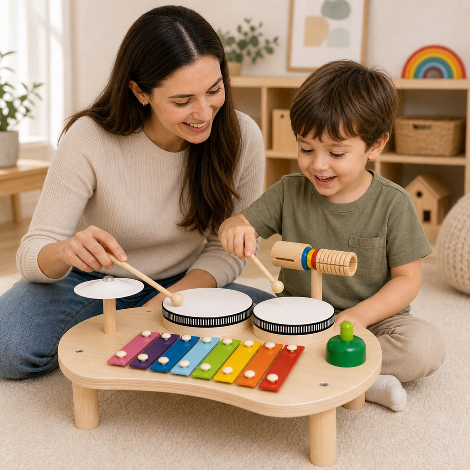 Mãe e criança explorando juntas a mesa musical Montessori de madeira