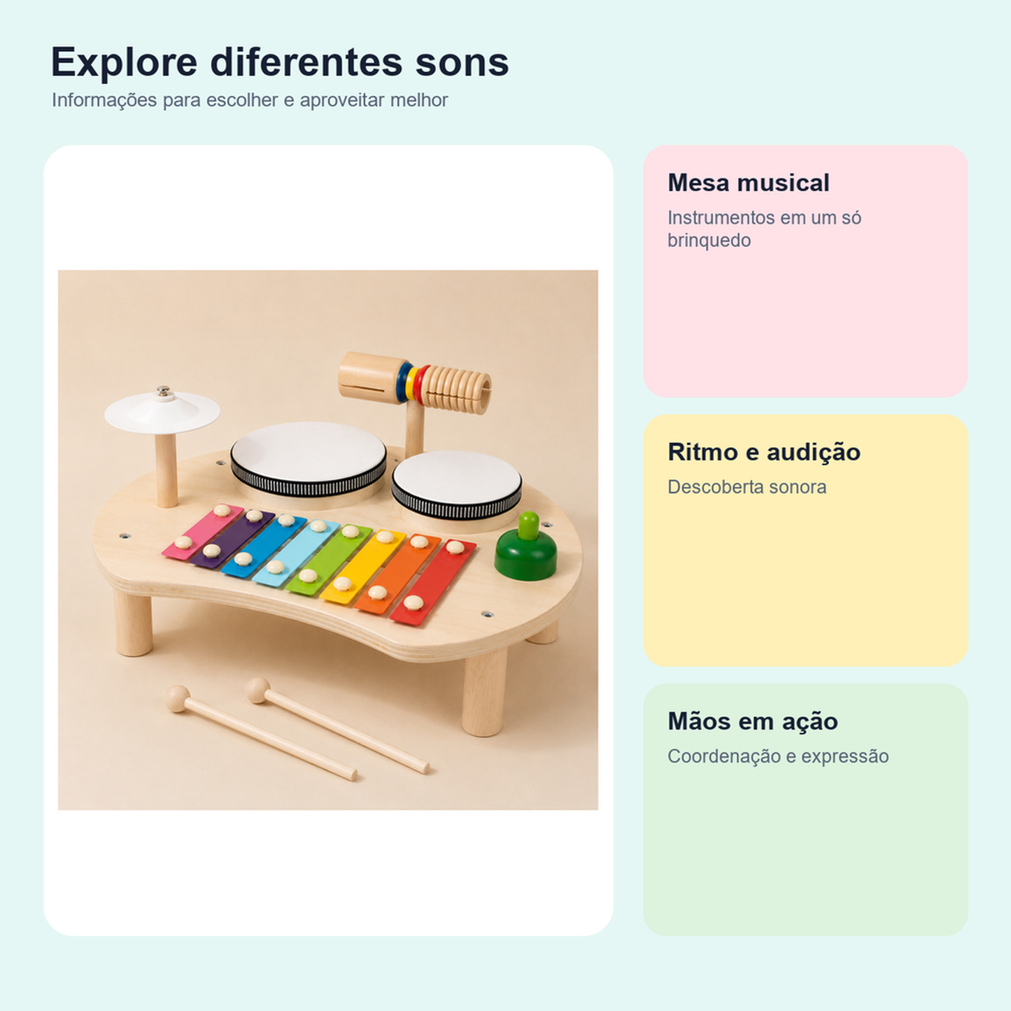 Medidas, conteúdo e benefícios de mesa musical Montessori de madeira para comparar antes da compra