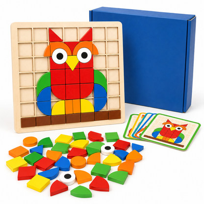 Quebra-cabeça mosaico de madeira formando coruja colorida com cartão Montessori